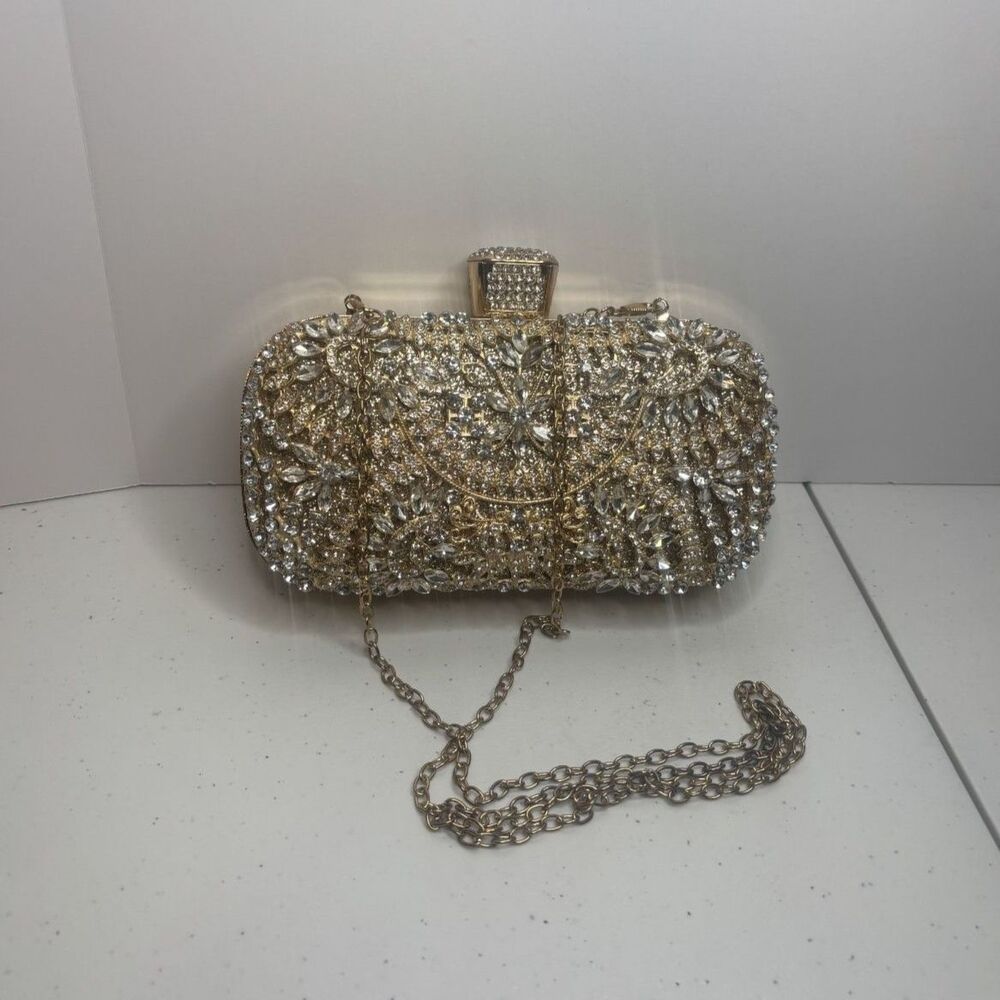 Designer Gold Jeweled Rhinestone Studded Evening Chain Clutch Purse Womens